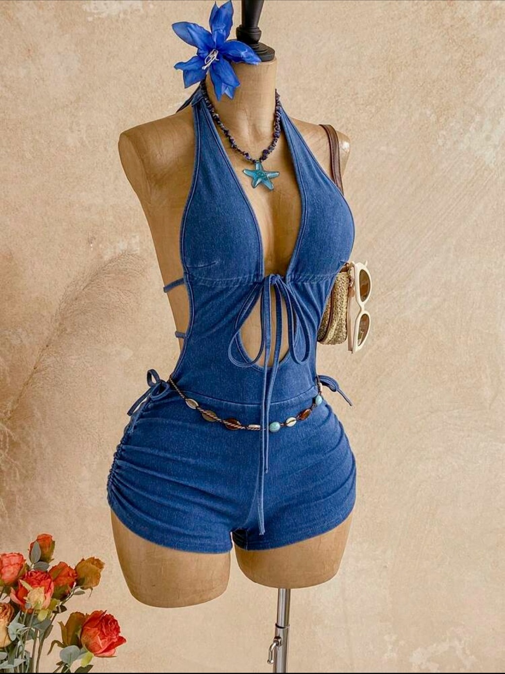 Denim Halter Tie-Front Romper in Deep Blue